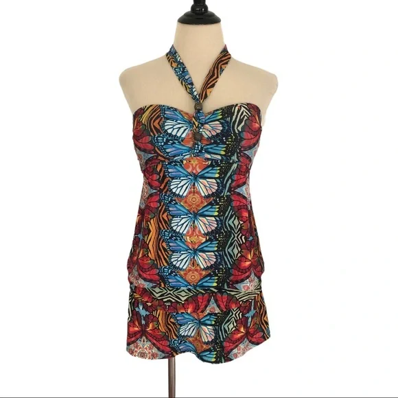 BECCA Rebecca Virtue M Bohemian Boho Butterfly Halter SWIMSUIT Tankini & Skirt - Picture 1 of 12